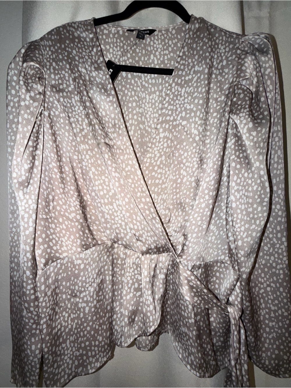 Express Beige and White Printed Wrap Blouse